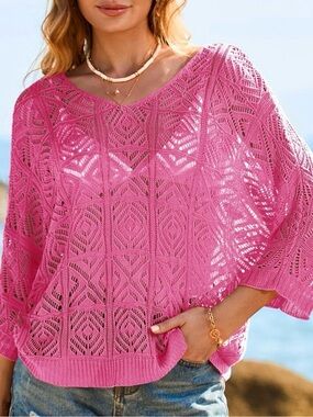 Women’s Pink Open-Knit V-Neck Sweater Top Size Large